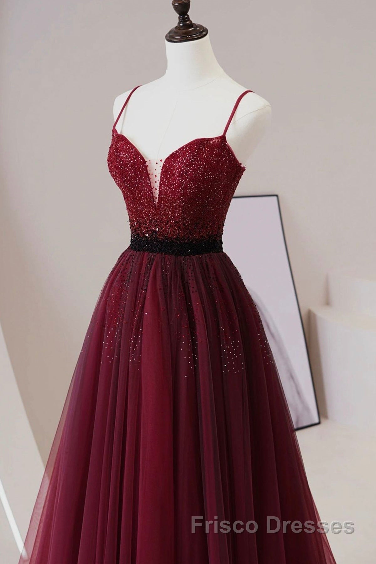 A Line V Neck Beaded Burgundy Tulle Long Formal Prom Dresses, Beaded Burgundy Formal Graduation Evening Dresses