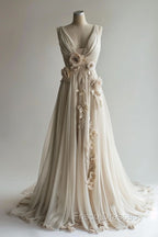 A-Line V-Neck Beaded Chiffon Long Formal Prom Dress, Vintage Applique Wedding Dress