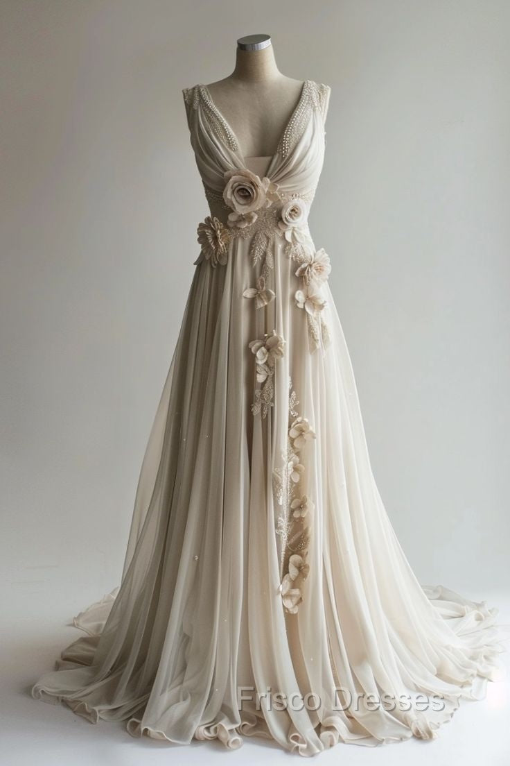 A-Line V-Neck Beaded Chiffon Long Formal Prom Dress, Vintage Applique Wedding Dress