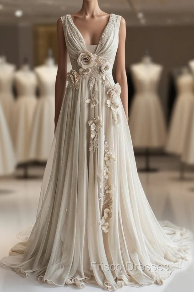 A-Line V-Neck Beaded Chiffon Long Formal Prom Dress, Vintage Applique Wedding Dress Main image