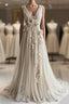 A-Line V-Neck Beaded Chiffon Long Formal Prom Dress, Vintage Applique Wedding Dress