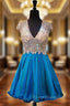 A-line V-neck Beaded Crystals Backless Blue Homecoming Dress