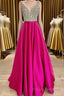 A Line V Neck Beaded Fuchsia Long Formal Prom Dresses, V Neck Fuchsia Formal Dresses, Beaded Fuchsia Evening Dresses