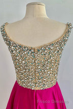 A Line V Neck Beaded Fuchsia Long Formal Prom Dresses, V Neck Fuchsia Formal Dresses, Beaded Fuchsia Evening Dresses