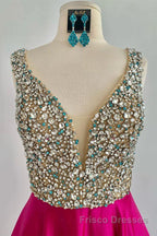 A Line V Neck Beaded Fuchsia Long Formal Prom Dresses, V Neck Fuchsia Formal Dresses, Beaded Fuchsia Evening Dresses
