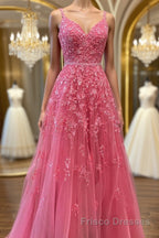A Line V Neck Beaded Hot Pink Lace Long Formal Prom Dresses, Hot Pink Lace Formal Graduation Evening Dresses