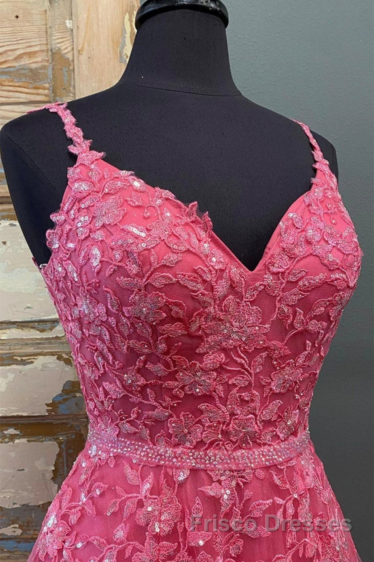 A Line V Neck Beaded Hot Pink Lace Long Formal Prom Dresses, Hot Pink Lace Formal Graduation Evening Dresses