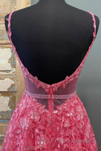 A Line V Neck Beaded Hot Pink Lace Long Formal Prom Dresses, Hot Pink Lace Formal Graduation Evening Dresses