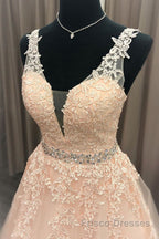 A Line V Neck Beaded Pink Lace Long Formal Prom Dresses, V Neck Pink Lace Formal Dresses, Pink Lace Evening Dresses