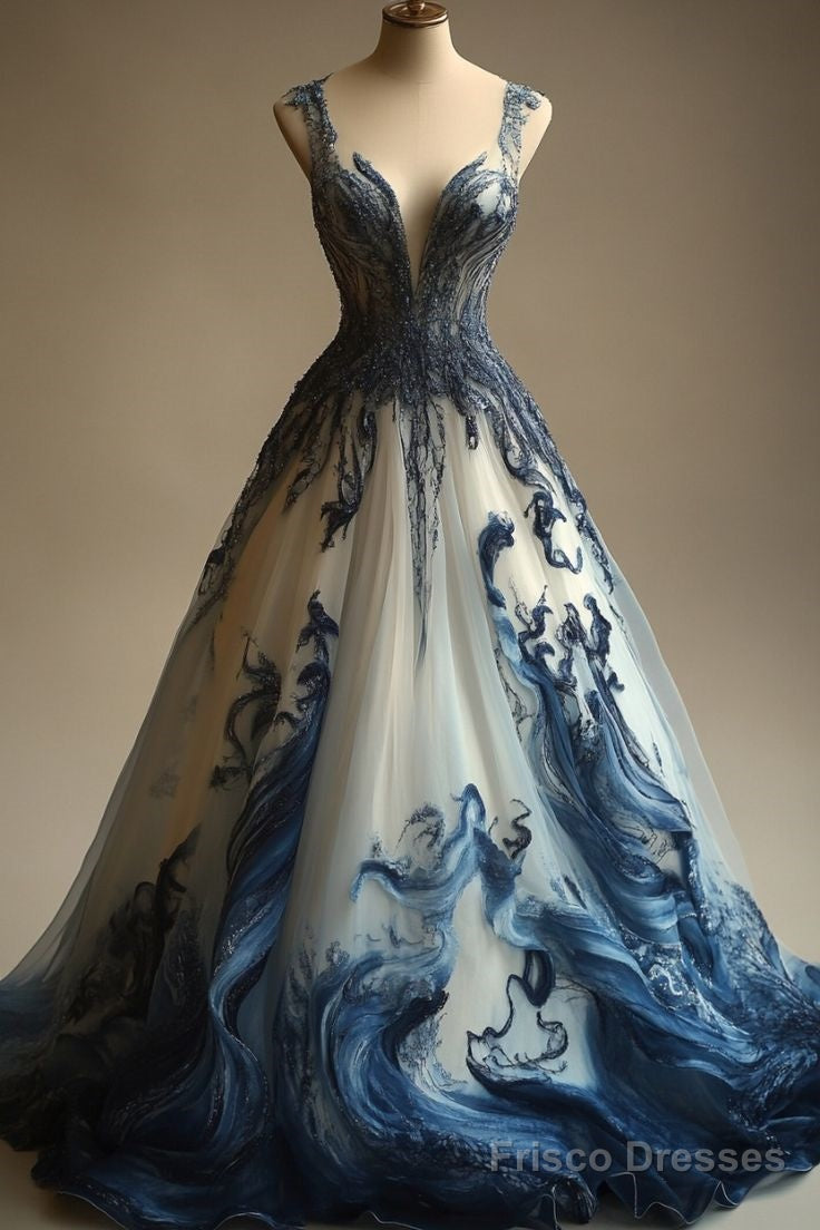 A-Line V-Neck Beaded Tulle Long Prom Dress Secondary image