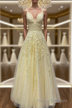 A Line V Neck Beaded Yellow Lace Tulle Long Formal Prom Dresses, Yellow Lace Formal Dresses, Beaded Yellow Evening Dresses