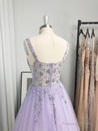 A-line V-neck Beading Floor-Length Tulle Dress