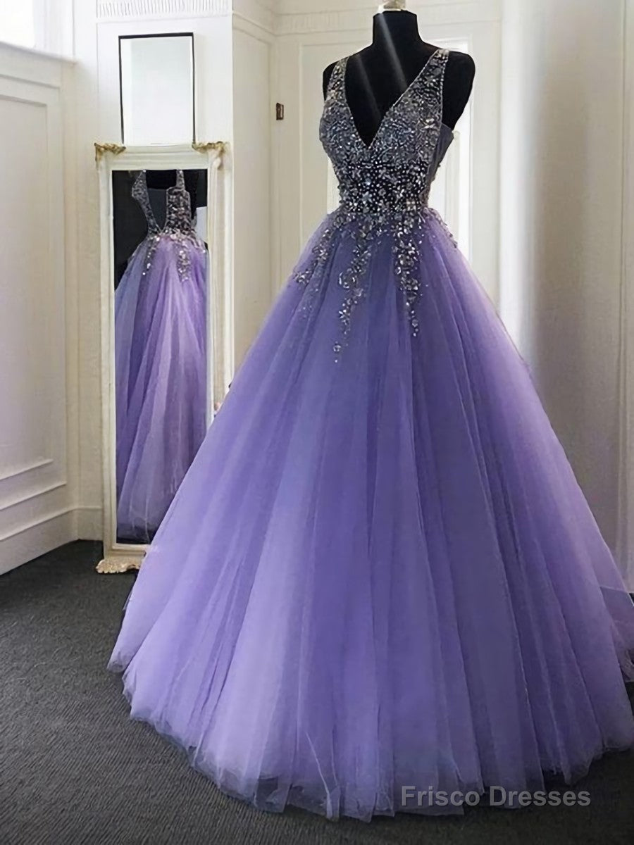 A-line V-neck Beading Floor-Length Tulle Dress Main image