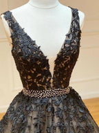 A Line V Neck Black Lace Formal Prom Dresses, Black Lace Formal Evening Dresses