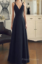 A Line V Neck Black Long Formal Prom Dress With Corss Back, Black Long Formal Graduation Dress