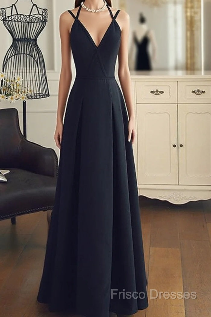 A Line V Neck Black Long Formal Prom Dress With Corss Back, Black Long Formal Graduation Dress