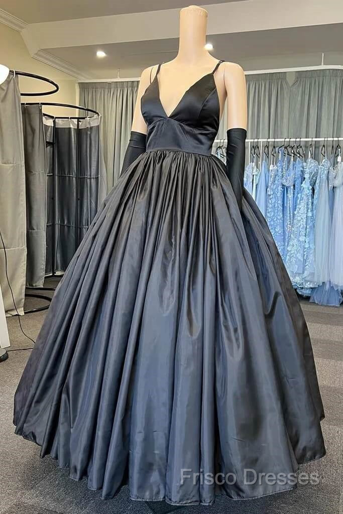 A Line V Neck Black Formal Prom Dress With Pocket Long Satin Formal Graduation Dress