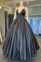 A Line V Neck Black Formal Prom Dress With Pocket Long Satin Formal Graduation Dress
