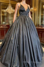 A Line V Neck Black Formal Prom Dress With Pocket Long Satin Formal Graduation Dress
