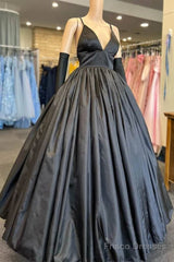 A Line V Neck Black Prom Dresses With Pocket Long Satin Formal Graduation Dress