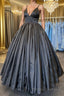 A Line V Neck Black Satin Long Formal Prom Dresses with Pocket, V Neck Black Formal Graduation Evening Dresses