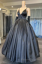 A Line V Neck Black Satin Long Formal Prom Dresses with Pocket, V Neck Black Formal Graduation Evening Dresses