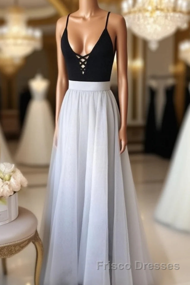 A Line V Neck Black Top Gray Formal Prom Dresses, Gray Formal Dresses, V Neck Black Top Gray Evening Dresses, Graduation Dresses Main image