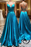A Line V Neck Blue Backless Long Formal Prom Dresses, Open Back Blue Long Formal Evening Dresses