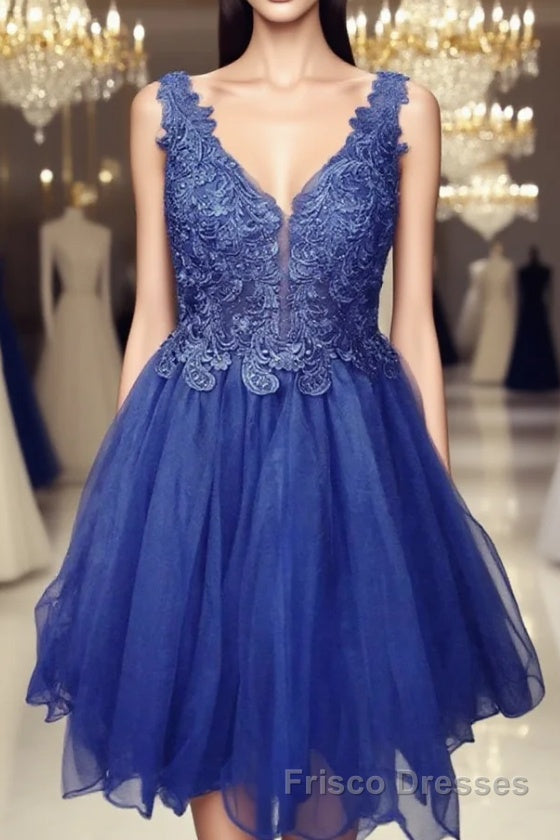 A Line V Neck Blue Lace Short Formal Prom Dresses, Blue Lace Homecoming Dresses, Short Blue Formal Evening Dresses