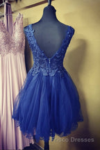 A Line V Neck Blue Lace Short Formal Prom Dresses, Blue Lace Homecoming Dresses, Short Blue Formal Evening Dresses