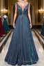 A-line V Neck Blue Long Formal Prom Dresses, Blue Formal Dresses