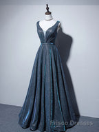 A-line V Neck Blue Long Formal Prom Dresses, Blue Formal Dresses