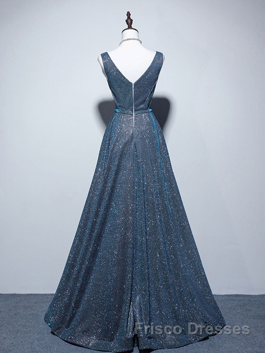 A-line V Neck Blue Long Formal Prom Dresses, Blue Formal Dresses