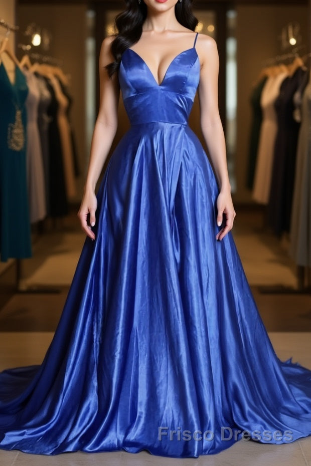 A Line V Neck Blue Long Formal Prom Dresses, V Neck Blue Formal Graduation Evening Dresses