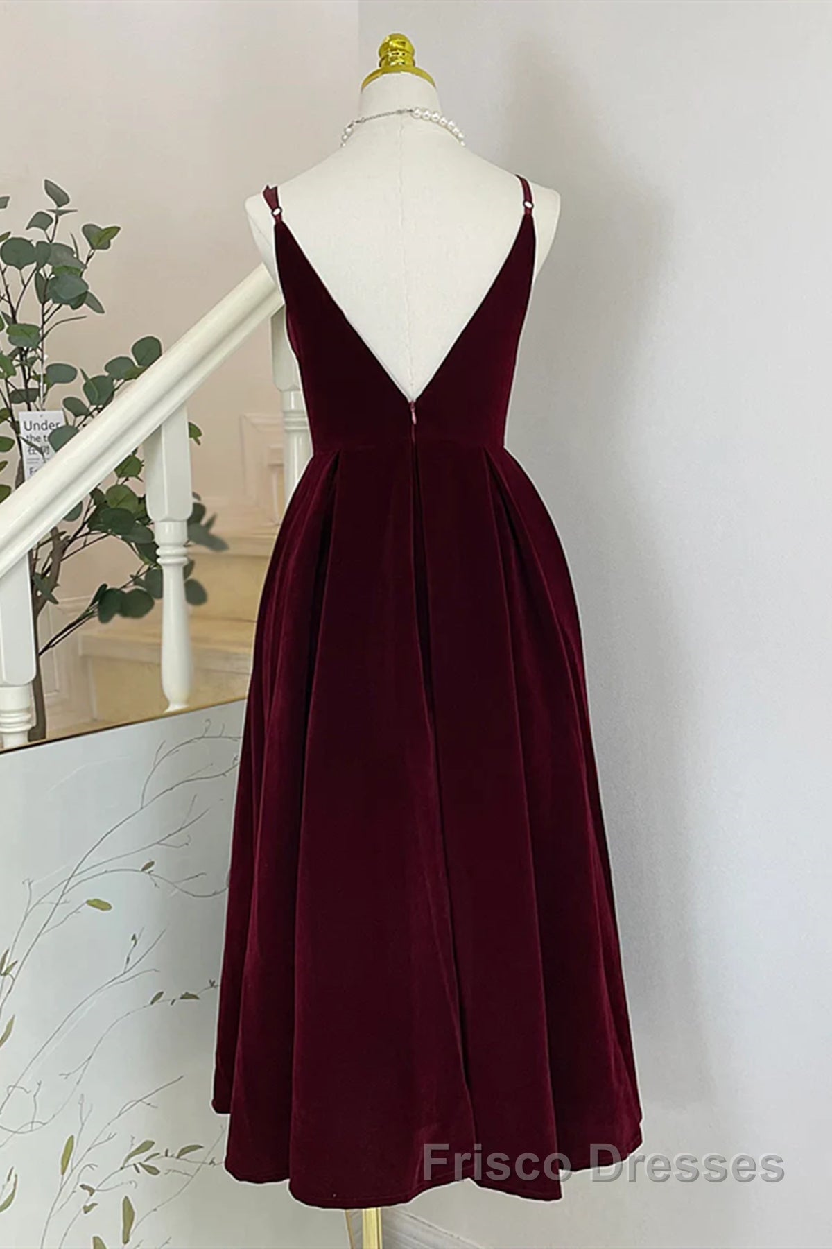 A Line V Neck Burgundy Black Tea Length Formal Prom Dresses, Short Black Wine Red Formal Homecoming Dresses