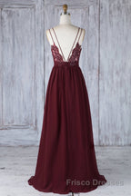 A Line V Neck Burgundy Chiffon Long Formal Prom Dresses with Lace Back, V Neck Lace Back Burgundy Formal Graduation Evening Dresses