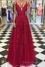 A Line V Neck Burgundy Lace Formal Prom Dresses, Wine Burgundy Lace Formal Evening Dresses
