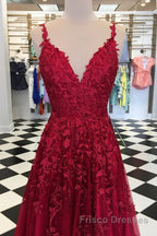A Line V Neck Burgundy Lace Formal Prom Dresses, Wine Burgundy Lace Formal Evening Dresses