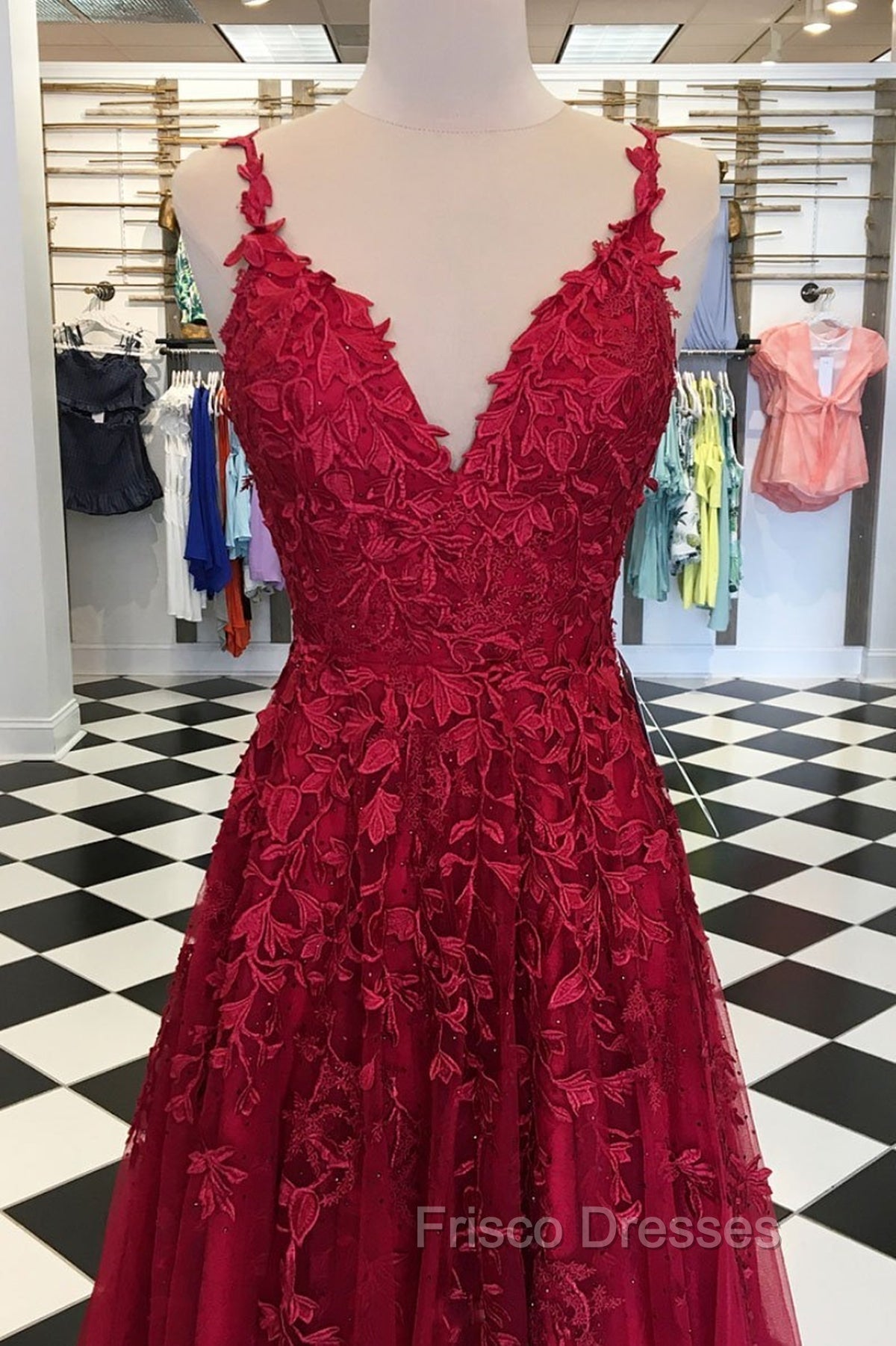 A Line V Neck Burgundy Lace Formal Prom Dress, Wine Red Lace Formal Evening Dress Secondary image