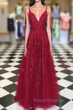 A Line V Neck Burgundy Lace Formal Prom Dress, Wine Red Lace Formal Evening Dress
