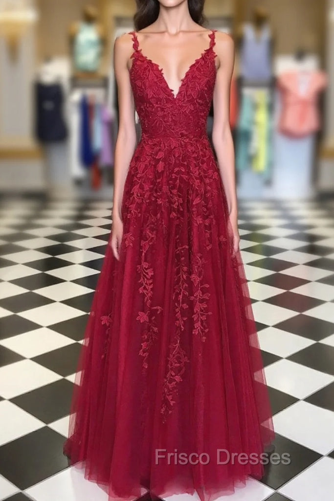 A Line V Neck Burgundy Lace Formal Prom Dress, Wine Red Lace Formal Evening Dress
