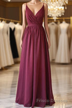 A Line V Neck Burgundy Long Formal Prom Dresses with Lace Back, V Neck Burgundy Formal Evening Dresses, Burgundy Bridesmaid Dresses