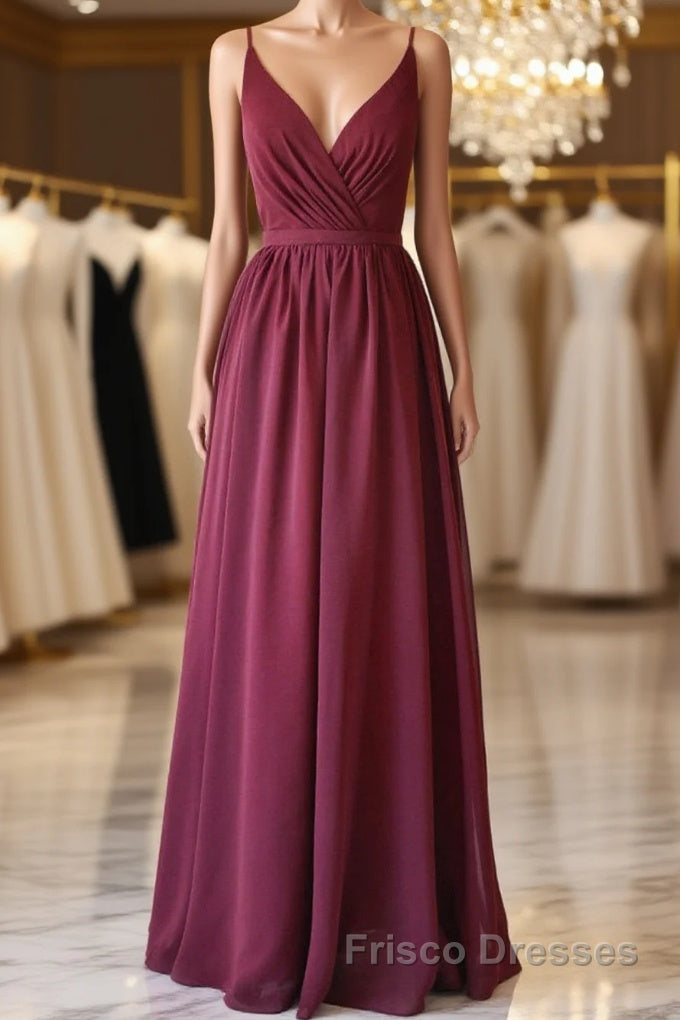 A Line V Neck Burgundy Long Formal Prom Dresses with Lace Back, V Neck Burgundy Formal Evening Dresses, Burgundy Bridesmaid Dresses