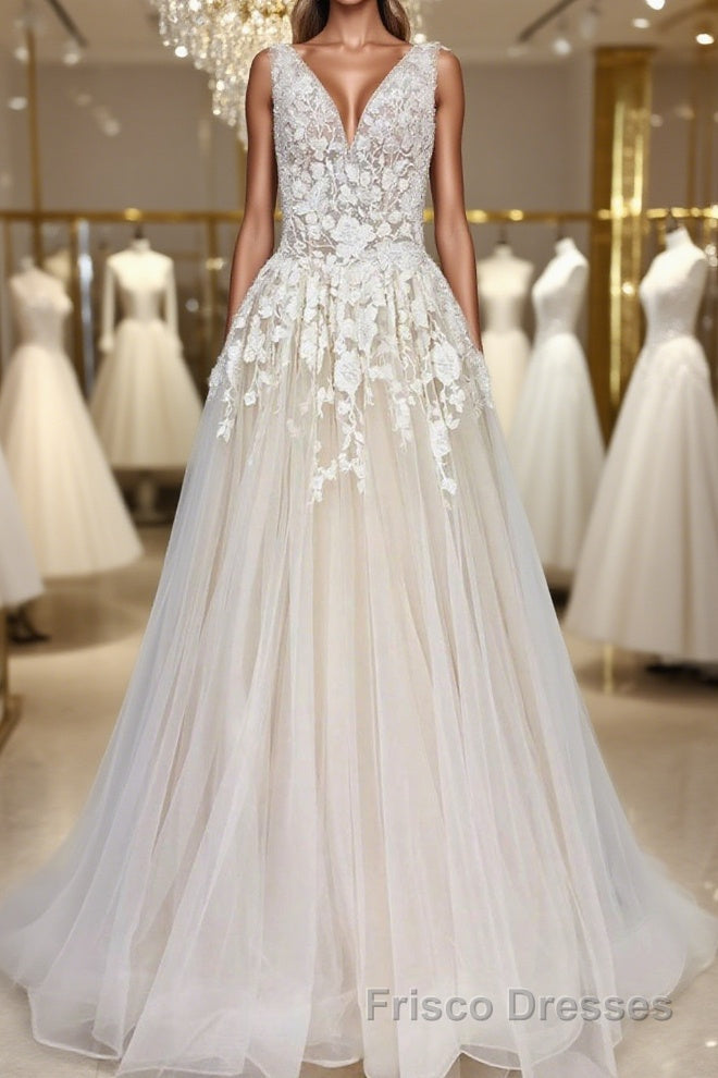 A Line V Neck Champagne Lace Long Formal Prom Dresses, Champagne Lace Formal Dresses, Champagne Evening Dresses