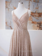 A Line V Neck Champagne Long Formal Prom Dress, Shiny Tulle Champagne Evening Dress