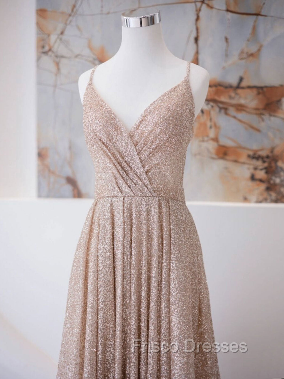 A Line V Neck Champagne Long Formal Prom Dress, Shiny Tulle Champagne Evening Dress