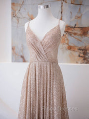 A Line V Neck Champagne Long Formal Prom Dress, Shiny Tulle Champagne Evening Dress