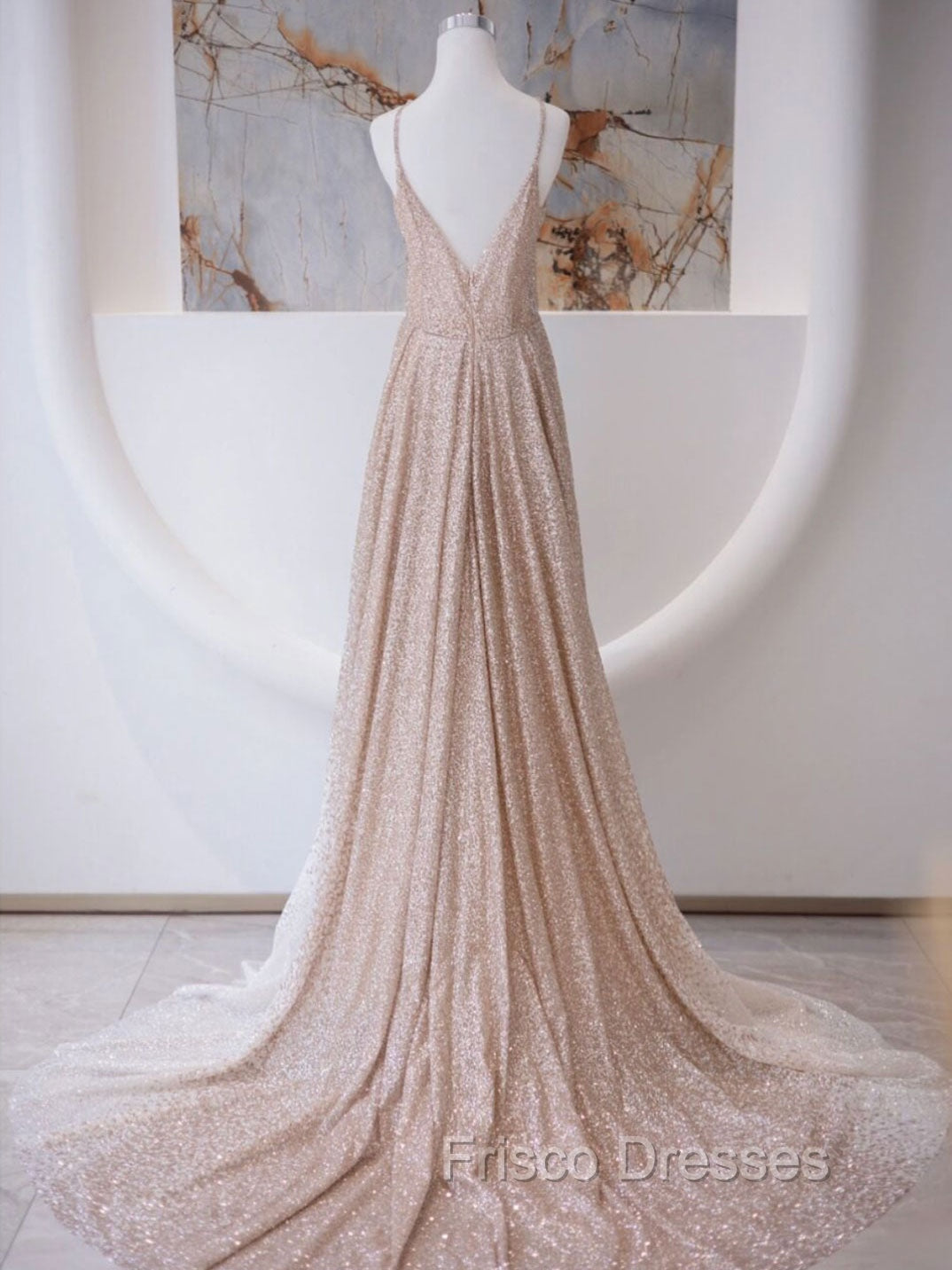 A Line V Neck Champagne Long Formal Prom Dress, Shiny Tulle Champagne Evening Dress