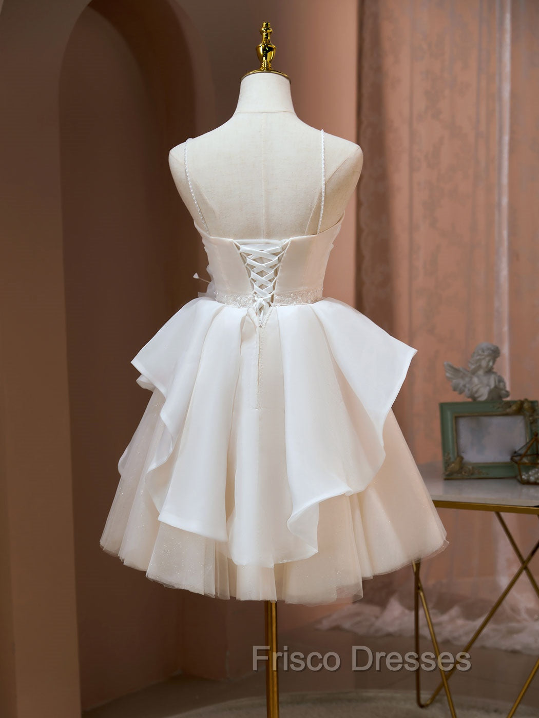 A Line V Neck Champagne Short Formal Prom Dress, Formal Mini Gown Cute Puffy Homecoming Dress Secondary image