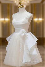 A Line V Neck Champagne Short Formal Prom Dress, Formal Mini Gown Cute Puffy Homecoming Dress